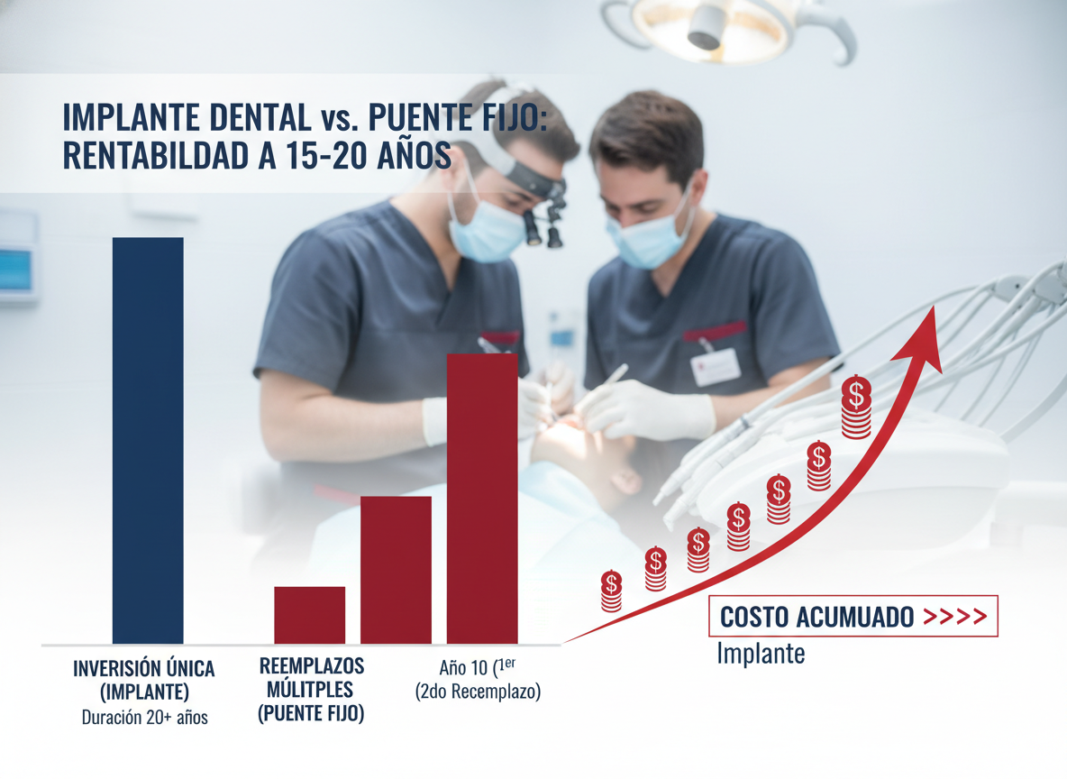 Tabla comparativa de Costo Implantes Dentales a 15 años vs. Puente Fijo.