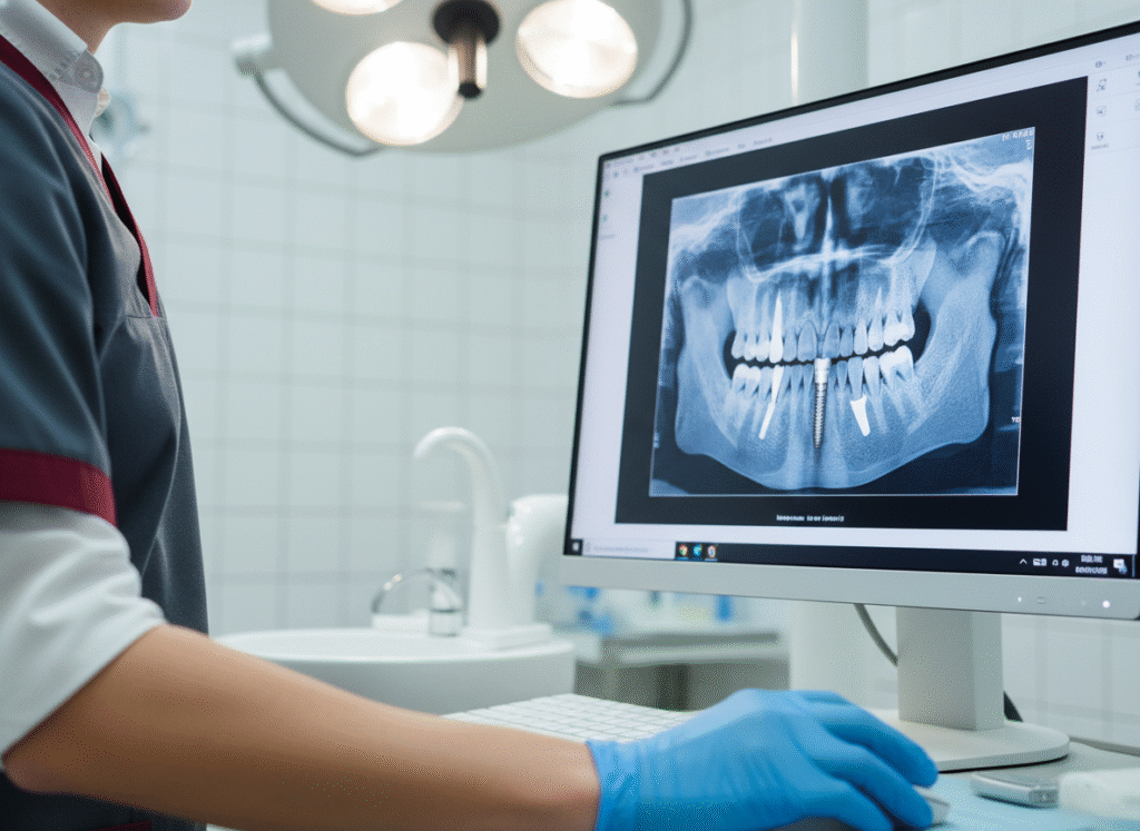 Especialista usando Tomografía 3D para planificar la colocación de un Implante Dentales.