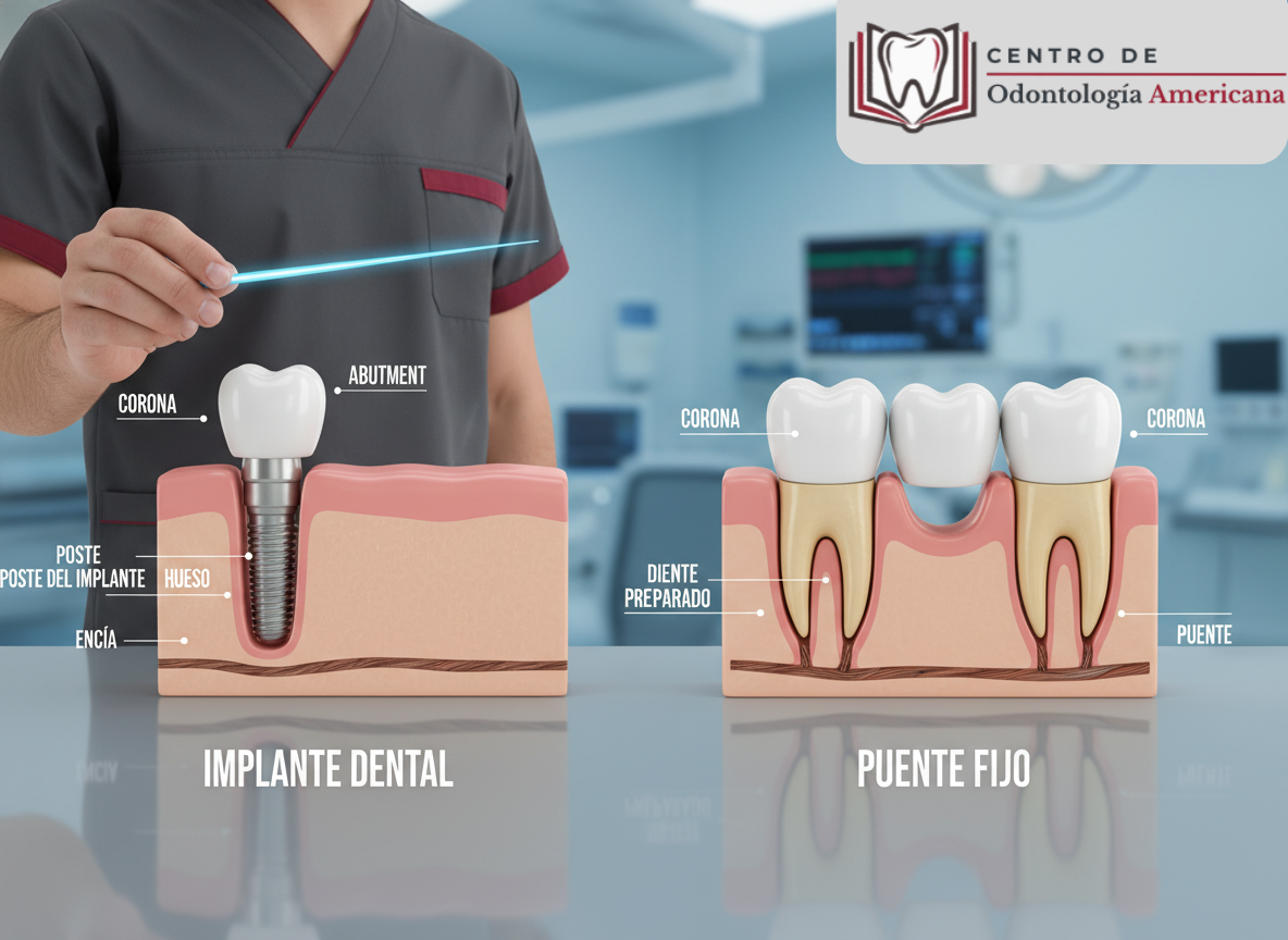 Diagrama comparativo de Implante Dentales y Puente Fijo.