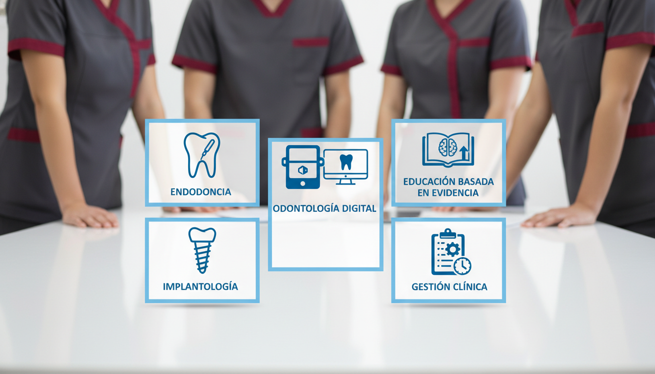 Infografía que muestra diferentes áreas de formación continua para odontólogos
