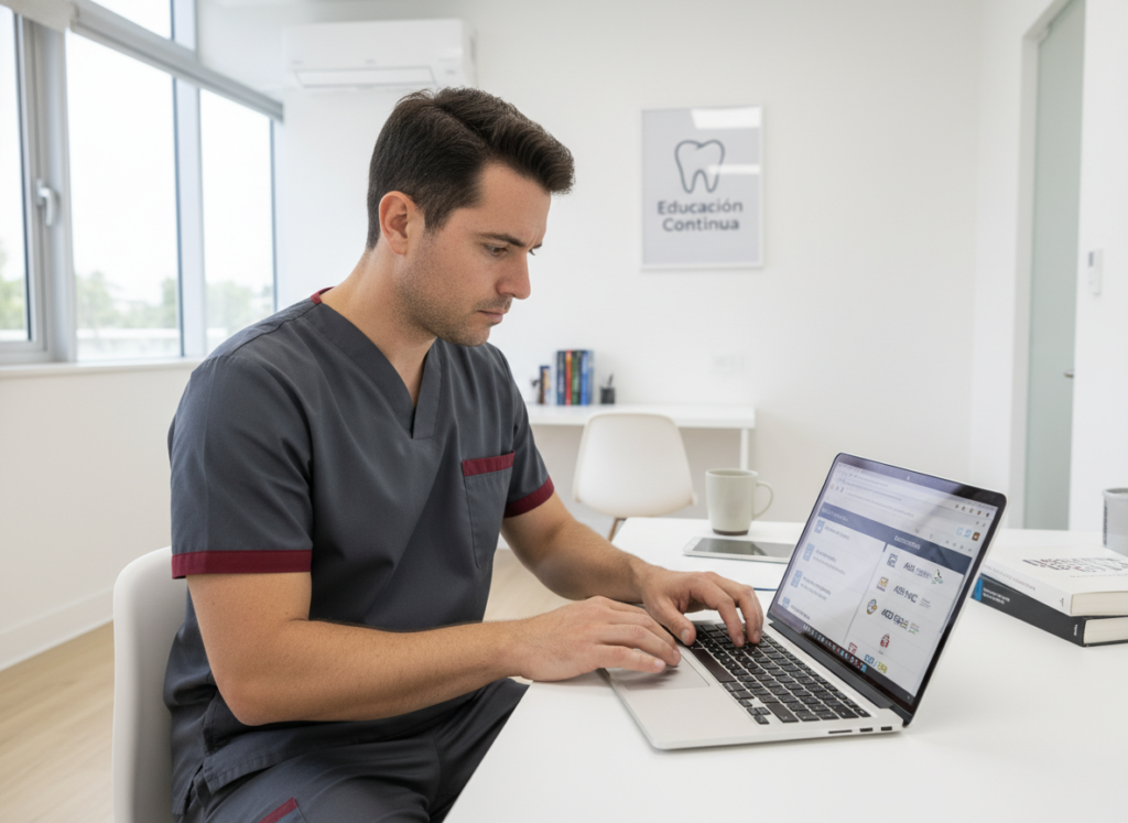 Odontólogo revisando en su computadora diferentes programas de formación continua