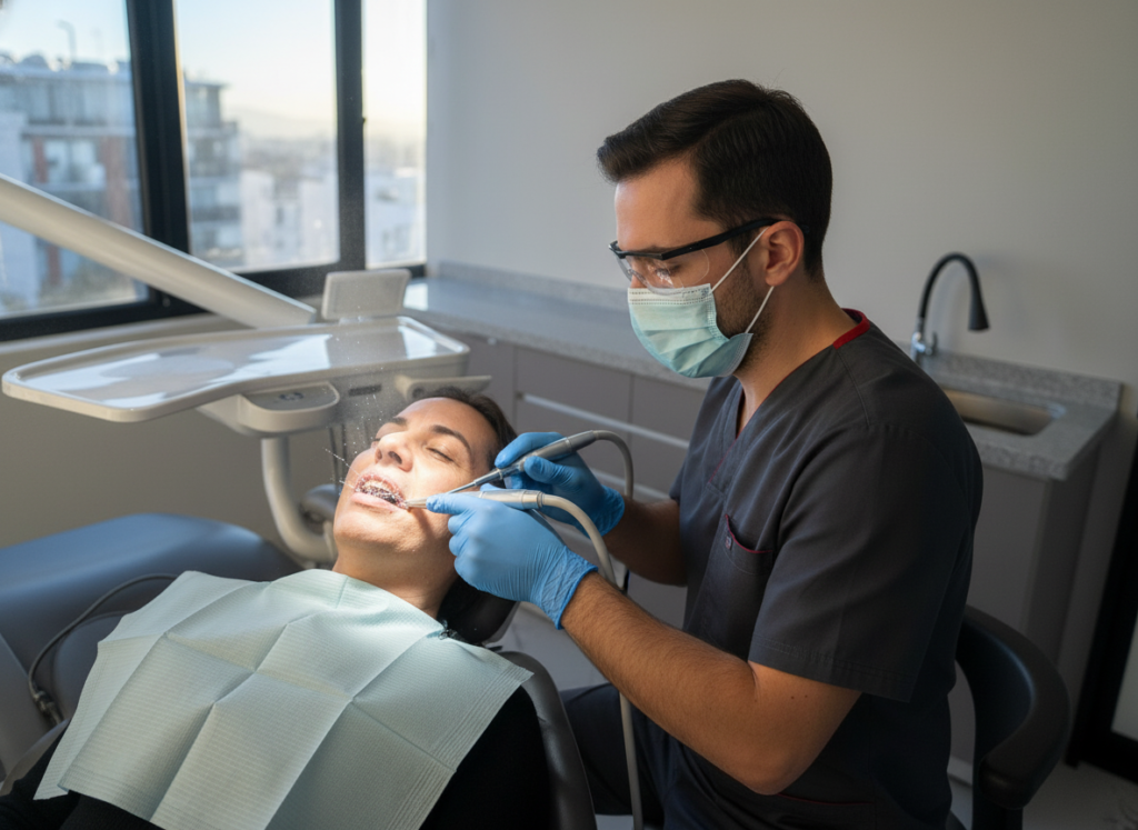 Odontólogo realizando limpieza dental profesional a paciente adulto en Arequipa