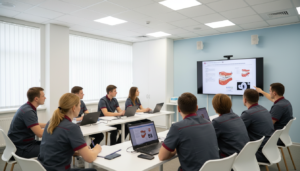 Odontólogos en sesión de estudios, formación continua en odontología