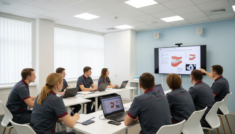 Odontólogos en sesión de estudios, formación continua en odontología