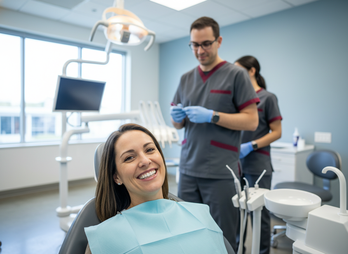Paciente adulto sonriente en el consultorio del Centro de Odontología Americana en Arequipa, limpieza dental cada 6 meses